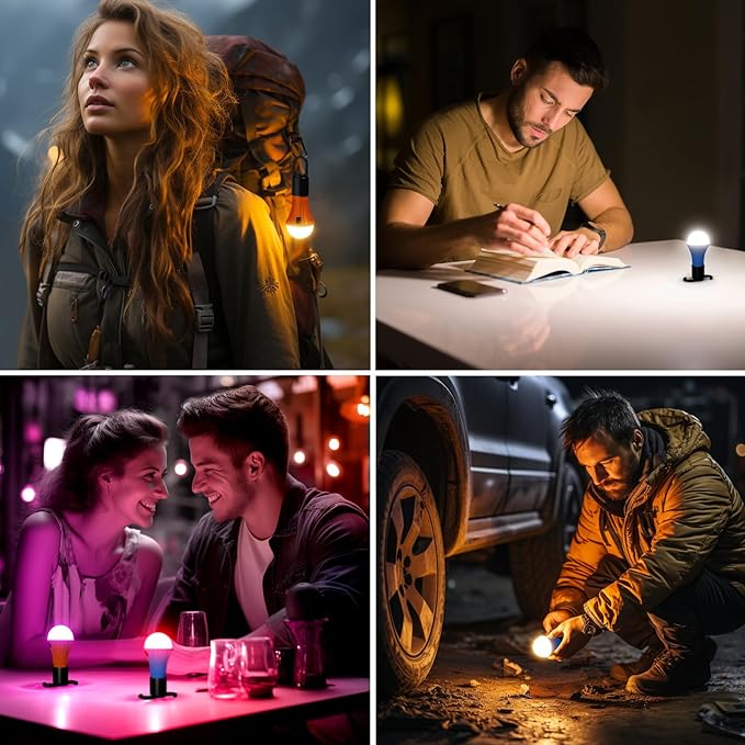 Lepro LED Rechargeable Camping Lantern, 7 White and RGB Light Modes, Camping Essentials, Hanging Light Bulbs with Clip Hook for Camping, Christmas, Decorations, Emergency, USB Cable Included, 2 Packs