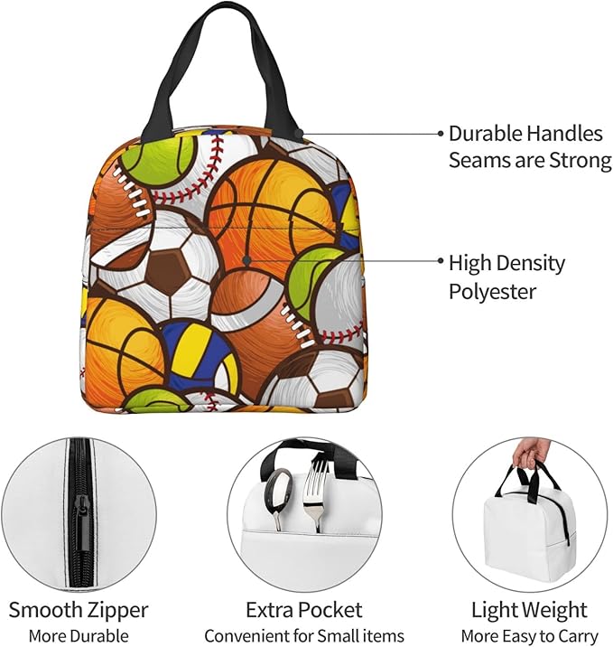 VOOHDDY Sport Ball Soccer Football Basketball Insulated Lunch Bag For Men Women Reusable Lunch Box Container Waterproof Portable Cooler Thermal Tote Bag For Work Office Picnic Beach Travel