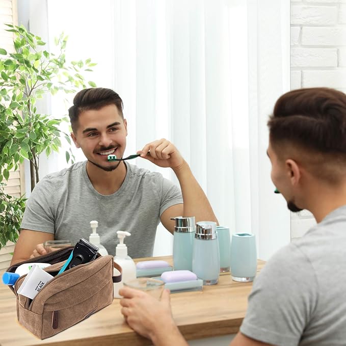 Mactso Mens Travel Toiletry Bag Canvas Leather Cosmetic Makeup Organizer Shaving Dopp Kits with Double Compartments (Coffee)