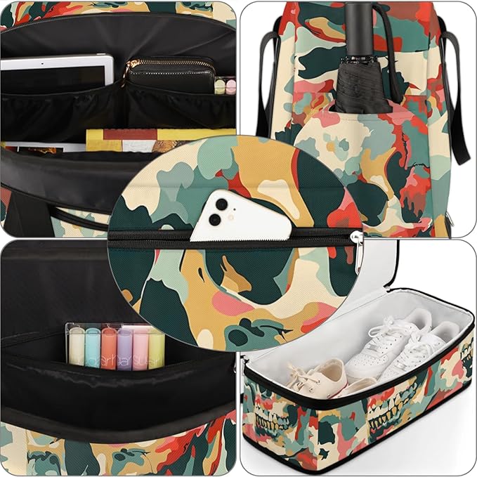 cfpolar Woman Travel Duffel Bag Camo Skull Foldable Tote Carry On Luggage Sports Gym Bag With Shoe Compartment Overnight Weekend Yoga Workout Bag Training Handbag