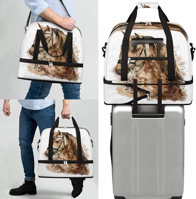 Horse Head Foldable Travel Duffel Bag, Expandable Sports Gym Bag with Shoes Compartment Weekender Overnight Totes Bags for Women Men