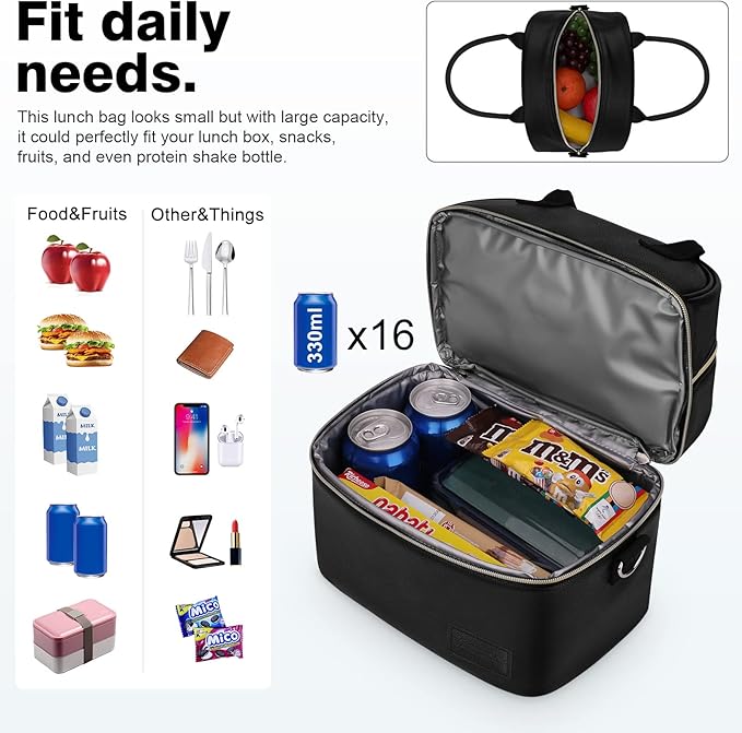 BALORAY Lunch Bag for Women Men, Double Deck Lunch Box for Adults, PU Leather Lunch Tote Bag Insulated Lunch Bags with Strap for Work Office Picnic