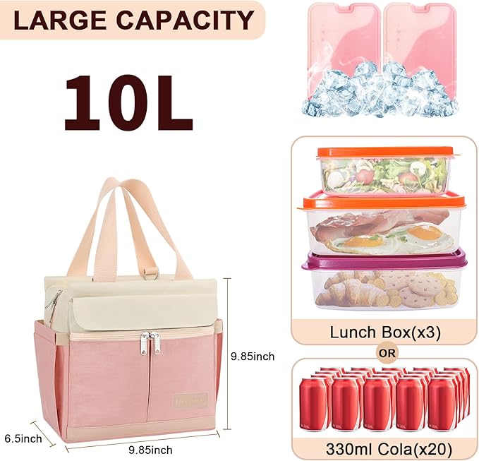 Joymee Lunch Box for Women Insulated Lunch Bag with Shoulder Strap Reusable Leakproof Large Spacious Lunch Cooler Tote for Women Adult with Bottle Holder and Side Pockets for Work Picnic - Pink