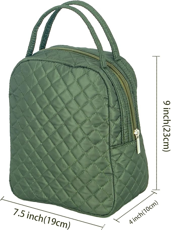 Machine Washable Women Quilted Fabric Insulated Reusable Cooler Lunch Bag Tote Adult Thermal Lunch Box Storage Bag for Ｗork (Green)