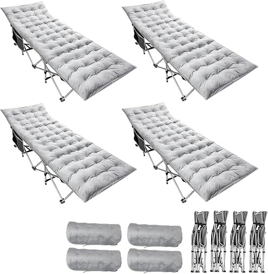 Zento Camping Cot and Mattress Folding Outdoor Travel Bed 4 Pack- Heavy Duty Max Load 450 LBS Premium Quality Cot Bed with Pad for Comfort Sleeping for Travel Home and Anytime Use