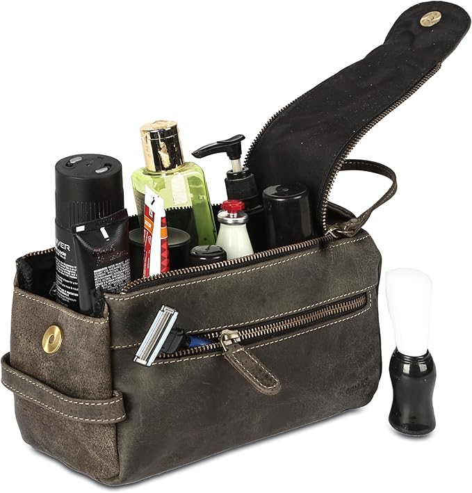 KomalC Premium Buffalo Leather Unisex Toiletry Bag Travel Dopp Kit