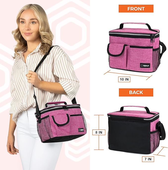 opux Insulated Lunch Bag for Men Women, Leakproof Heather Pink Lunch Box for Work, Portable Soft Lunch Cooler Bag with Shoulder Strap, Adult Lunchbox Lunch Pail for Kid Boy Girl School, 14 Can/8L