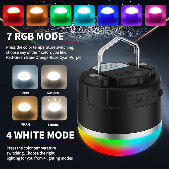 LED Camping Lantern Rechargeable, 1000LM Portable Camping Tent RGB Light with 10 Light Modes & Magnetic Base, 4000mAh Emergency Hanging Light for Hurricane, Power Outage, Camping, Hiking
