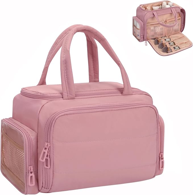Travel Toiletry Bag for Women, Lightweight Wide-open Cosmetic Travel Bags for Toiletries with 2 Removable Dividers, Large Makeup Organizer with Brushes Board, Multi Pockets for Gym, Daily, Pink