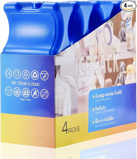 Cold Freezer Cool Ice Packs Double Sided Contoured Reusable Long Lasting for Breast Milk Baby Bottles Cool Storage Insulated Bags, Lunch Box Soda Beer Can Coolers(600g,Set of 4)