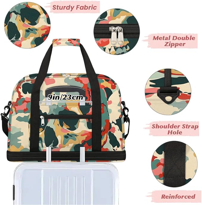 cfpolar Woman Travel Duffel Bag Camo Skull Foldable Tote Carry On Luggage Sports Gym Bag With Shoe Compartment Overnight Weekend Yoga Workout Bag Training Handbag