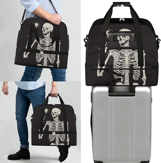 Black Skull Human Skeleton Foldable Travel Duffel Bag Sports Tote Gym Bag With Shoe Compartment For Woman Man Carry On Luggage Overnight Travel Weekend Yoga Workout Bag Training Handbag
