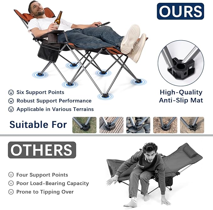 apollo walker Camping Chairs for Adults - 6 Legged Beach Chair with Foot Rest, Breathable Mesh, Adjustable 90° - 135° Reclining Lounge Chair Outdoor, Folding Chairs for Outside with Detachable Pillow