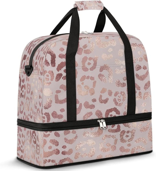 Leopard Print Foldable Travel Duffel Bag, Expandable Sports Gym Bag with Shoes Compartment Weekender Overnight Totes Bags for Women Men