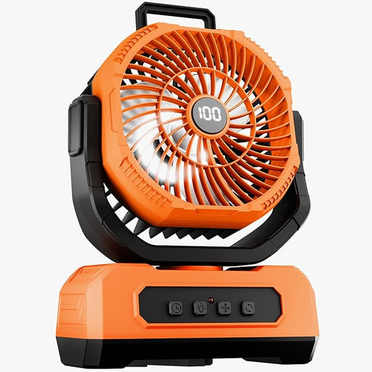 Roykaw Camping Fan 20800mAh Rechargeable Battery Powered Fan for 60 Hrs Cooling, Oscillating Fan with Battery Level Display, Colorful LED Lights & Timer Function, Fit for Fishing/Office, Orange