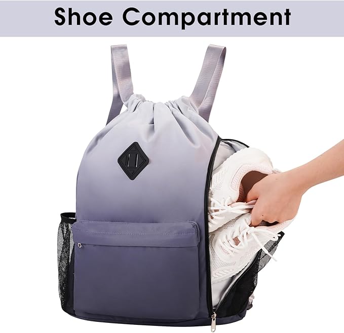 WANDF Drawstring Backpack Sports Gym Bag with Shoes Compartment, Water-Resistant String Backpack Cinch Bag for Women Men (Grey Gradient)