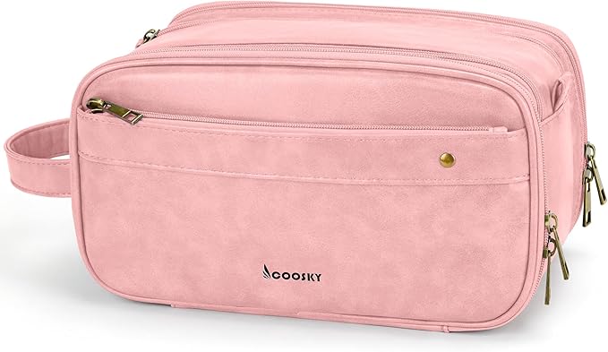 Travel Toiletry Bag for Women, Large Hanging Toiletries Organizer Bags for Men, Cruise Ship Essentials, Water-resistant Shaving Case, PU Leather Makeup Accessories, Cosmetic Dopp Kit, Pink
