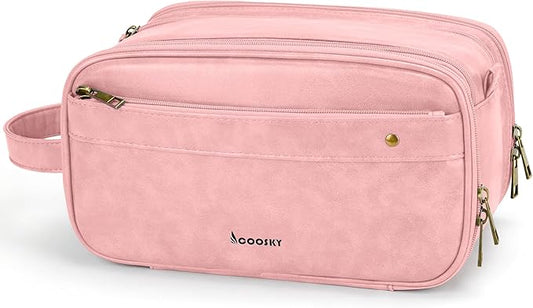 Travel Toiletry Bag for Women, Large Hanging Toiletries Organizer Bags for Men, Cruise Ship Essentials, Water-resistant Shaving Case, PU Leather Makeup Accessories, Cosmetic Dopp Kit, Pink