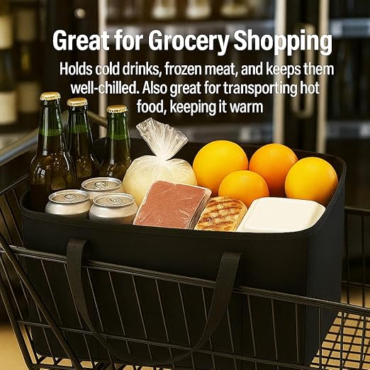 musbus 2-Pack, XL-Large Insulated Grocery shopping bags, Black, reusable bag,thermal zipper,Collapsible,tote,cooler,food transport hot and cold,camping, delivery groceries freezer