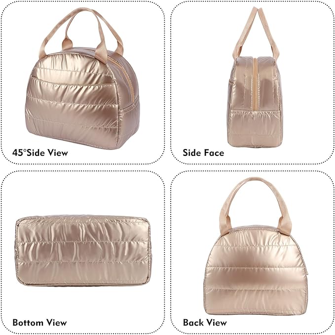 Lunch Bag Lunch Box for Women Men Adult Insulated Cute Small Quilted Puffer Lunchbox Reusable Thermal Lunch Cooler Tote Bag for Work, Picnic or Travel-Gold