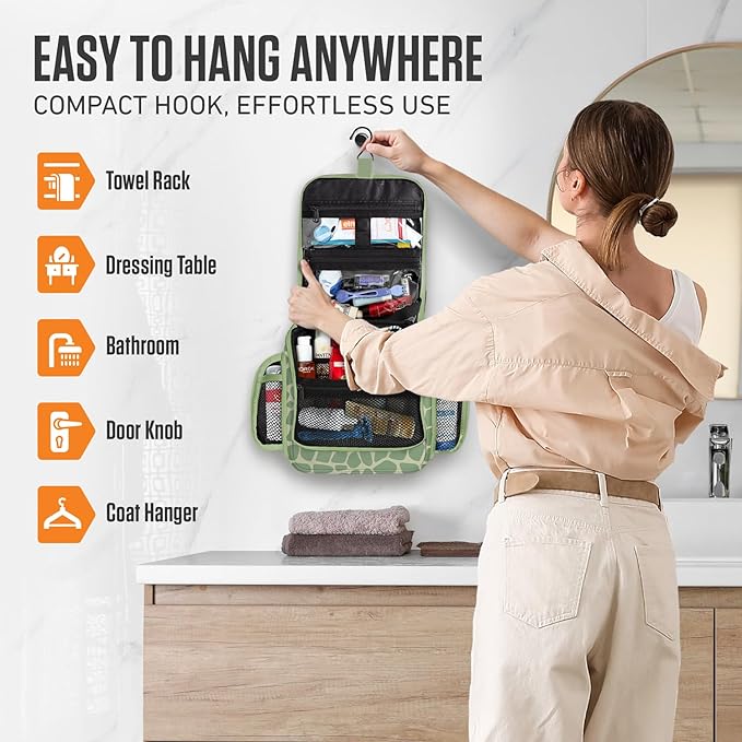 VENTURE 4TH Hanging Travel Toiletry Bag for Women & Men - Travel Organizer with Expandable Compartments & Removable Clear Pouch for Toiletries (Olive Giraffe)