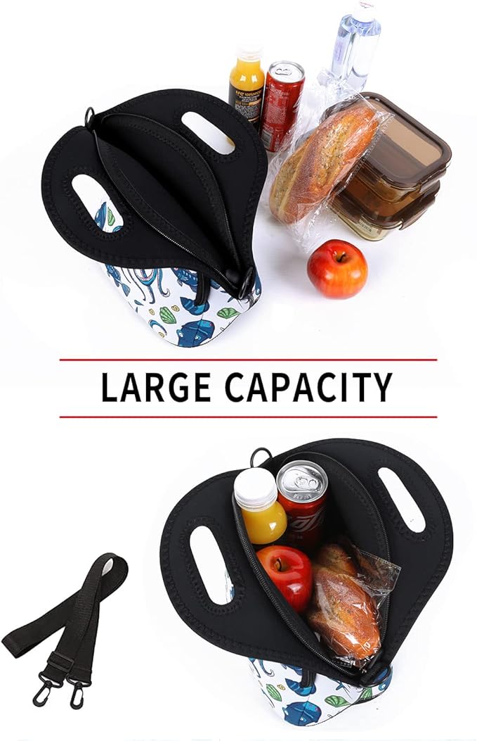 Violet Mist Womens Insutated Neoprene Lunch Bag Resuable Thermal Cute Cartoon Lunch bag with Pocket Detachable Adjustable Shoulder Lunchbox Handbags Container Women Men Adult Gifts(Bule Seaa Animal)