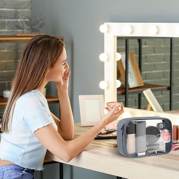 Moyad TSA Approved Clear Toiletry Bag, 2 Pack Quart Size 3-1-1 Liquids Pouch for Travel, Transparent Makeup & Cosmetic Organizer for Women Men, Grey