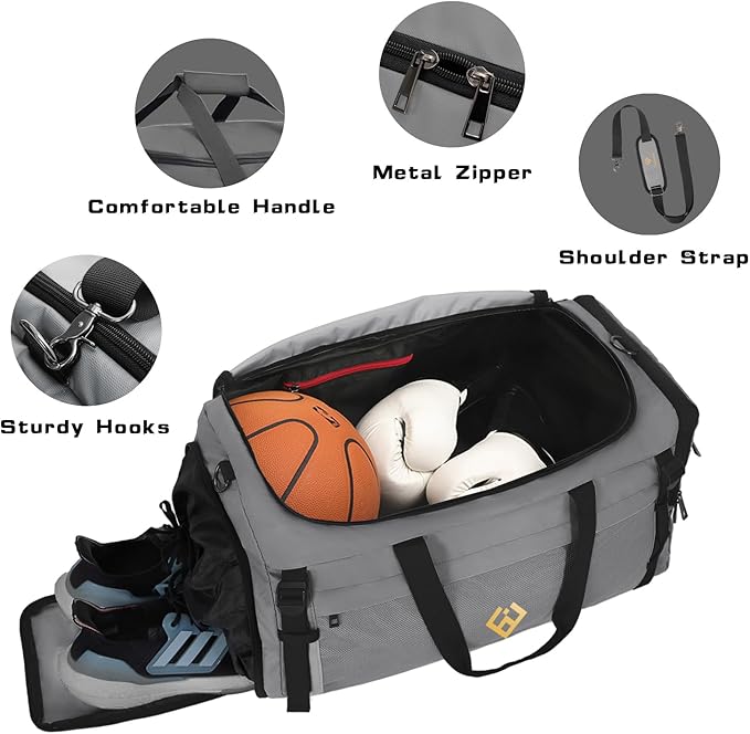 Eackrola Extra Large Sports Gym Bag, Travel Duffel bag with Wet Pocket & Shoes Compartment for men women, 85L, Lightweight （Light Gray）