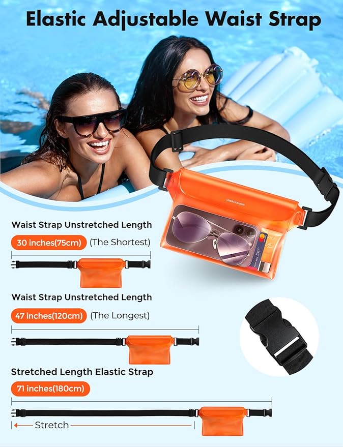 UNBREAKcable Waterproof Phone Pouch with Adjustable Waist Strap- 2 Pack [9.8'' Front window] [SGS IP68 Waterproof] [71'' Maximum Adjustable Waist Length] Waist Bag Screen Touchable Floating Dry Bag