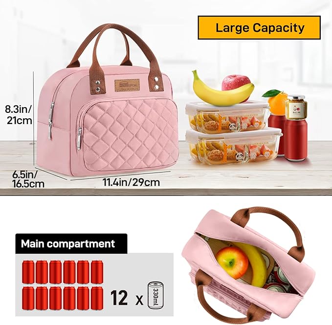 Buringer HOMESPON Lunch Bag for Woman Man Adults with Front Pocket Insulated Lunch Tote Lunch Box Container for Work Picnic or Travel（Pink）