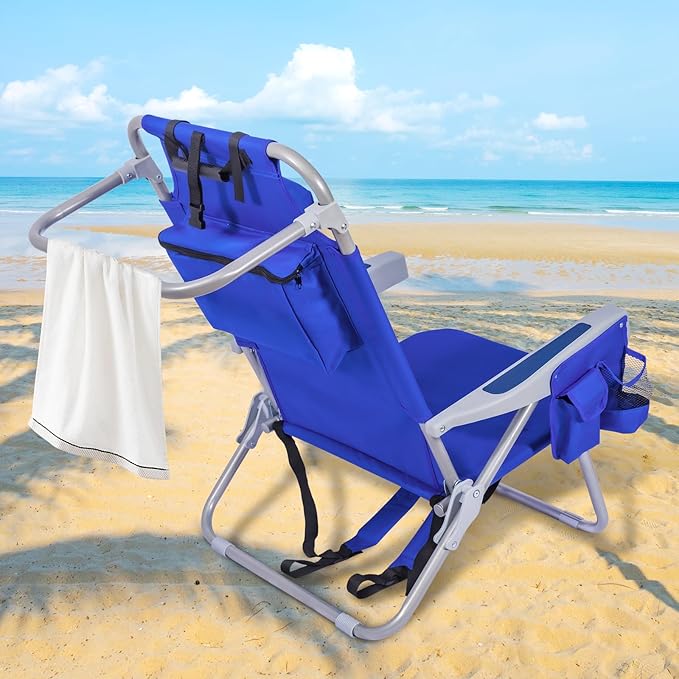 Beach Chair with Backpack Straps, Heavy Duty Backpack Beach Chairs for Adults with 4 Positions, Lay Flat Beach Chair with Large Cooler Pouch, Support to 350LBS