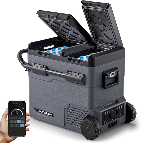 12 Volt Car Refrigerator Dual Zone Electric Cooler, 58 Quart Portable Freezer Fridge with APP Control, Compatible with Detachable Battery (Not Included), for Overlanding, Camping, RV, Truck