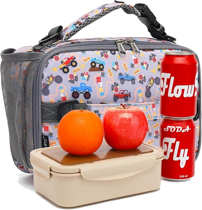 FlowFly Kids Lunch Bag, Durable Insulated School Lunch Box with Shoulder Strap and Bottle Holder, Water-resistant Thermal Small Lunch Cooler Tote for Teen Boys & Girls,Truck