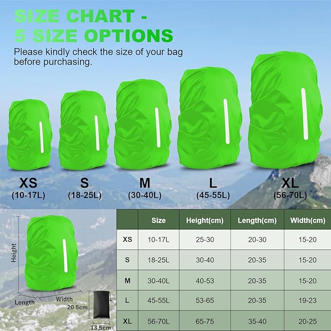 LAMA 2pcs Waterproof Rain Cover for Backpack, Reflective Rainproof Protector for Anti-dust and Anti-Theft L 45L-55L Black Green