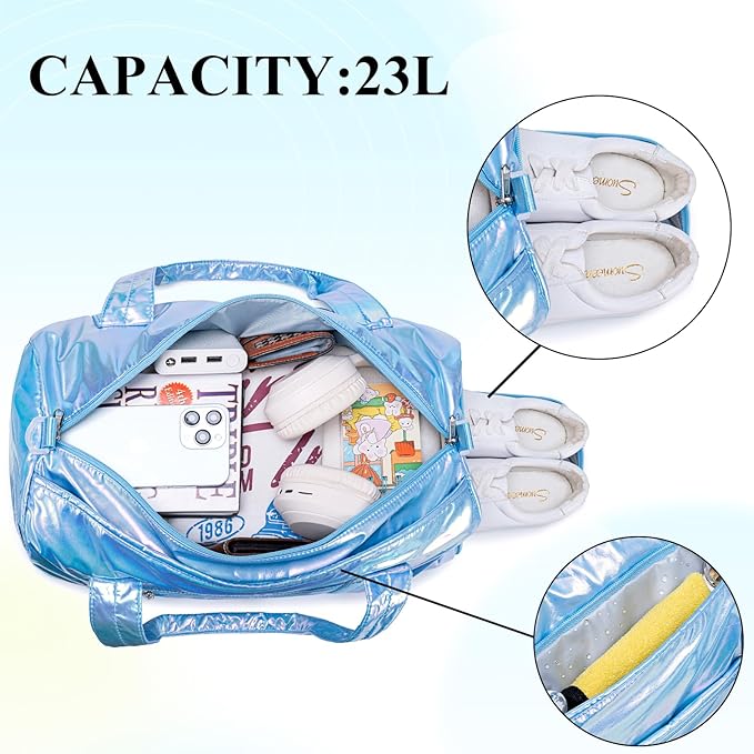 Gym Bag Sports Duffle Bag with Wet Pocket Weekender Overnight Bag with Waterproof Shoe Pouch and Air Hole for Girls Kids Women Travel Foldable Bag