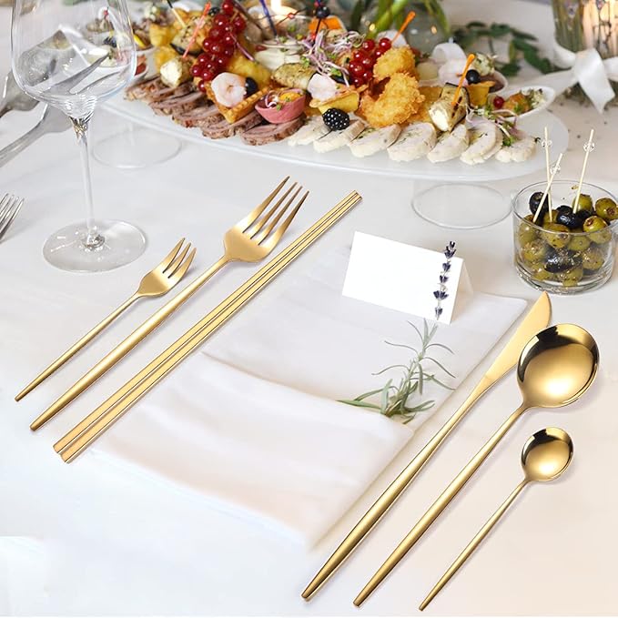 AARAINBOW 8 Pieces Stainless Steel Flatware Set Portable Reusable Cutlery Set Travel Utensils Set Including Chopsticks Knife Fork Spoon Straws Cleaning Brush Dishwasher Safe (Golden)