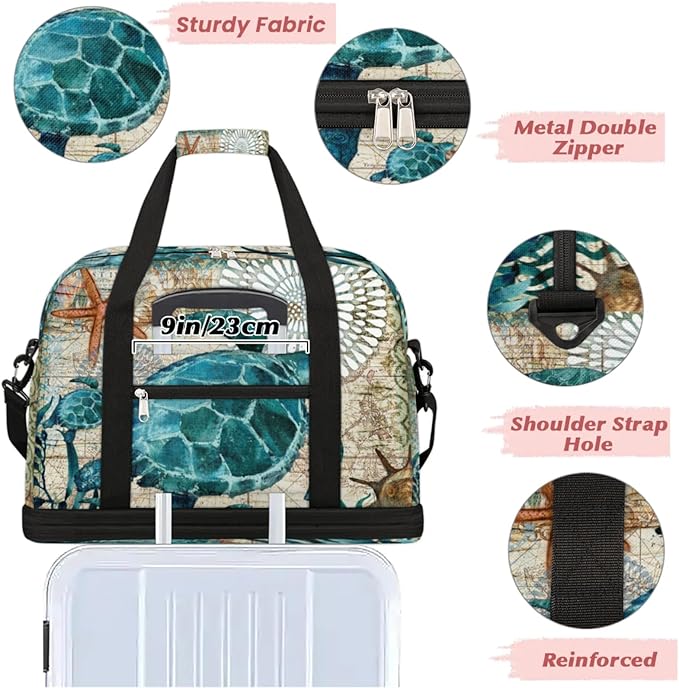 Turtle Foldable Travel Duffel Bag, Expandable Sports Gym Bag with Shoes Compartment Weekender Overnight Totes Bags for Women Men