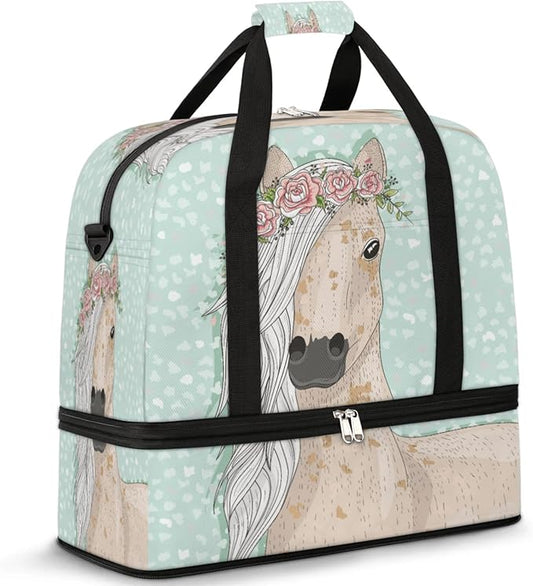Flower Horse Foldable Travel Duffel Bag, Expandable Sports Gym Bag with Shoes Compartment Weekender Overnight Totes Bags for Women Men