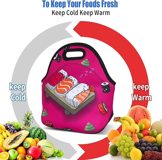 Violet Mist Neoprene Lunch Bag Washable Cute Sushi lunch HandBags Tote Reusable Thermal Insulated Lunch Bag Tote Cooler Lighweight lunch bag for Women Work Picnic Thanksgiving Christmas Gift