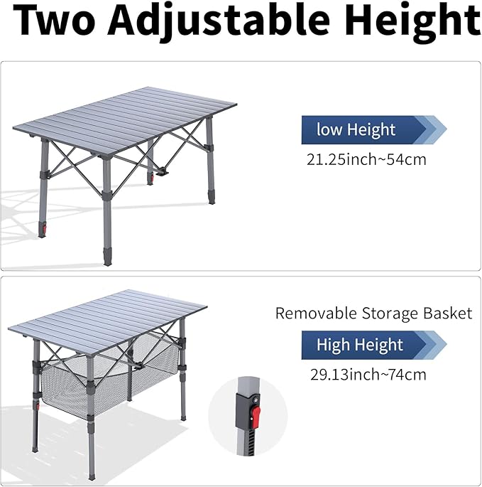 Portable Camping Table with Adjustable Height Legs, Lightweight Aluminum Roll-up beach tables for sand foldable，Folding Picnic Table Large Storage Basket for Outdoor camping (Black, Medium 37")