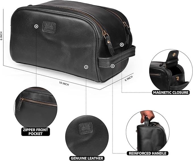 LEATHER VILLAGE Premium Leather Toiletry Travel Pouch With Waterproof Lining - Black | King-Size Handcrafted Vintage Dopp Kit Bag