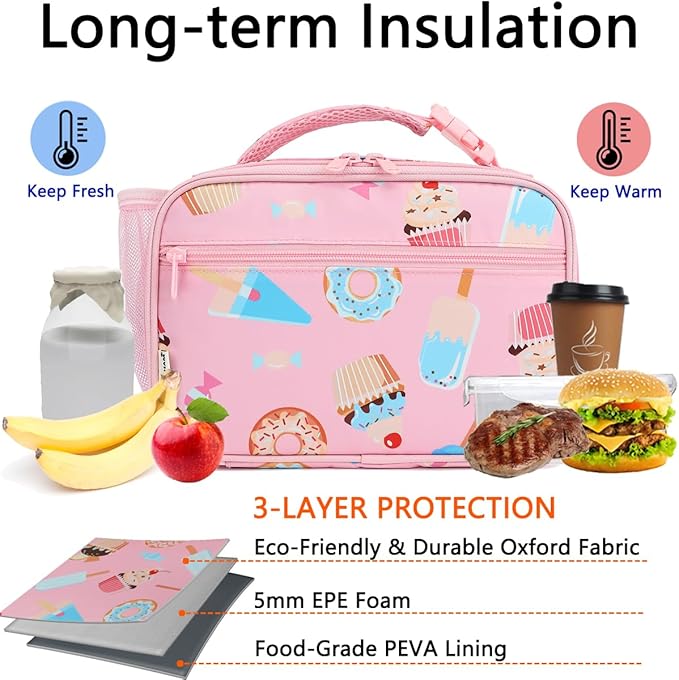 Insulated Lunch Box for School, Thermal Reusable Durable Freezable Lunch Bags for Kids Boys Girls Men Women - Small Soft Cooler Portable Lunch Tote Kit for Work Picnic Travel,Cake