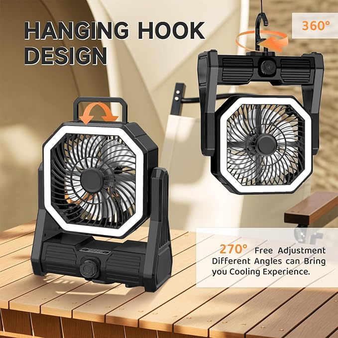 SmartTail Portable Camping Fan, 20000mAh Battery Powered Fan with LED & Hook, Stepless Speed & Timing Rechargeable Fan, Cordless Desk Fan for Camping, Tent, Fishing, Travel, Office-black
