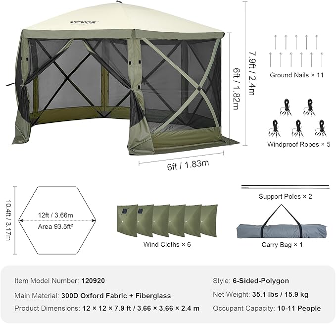 VEVOR Pop Up Gazebo Screen Tent, Instant Gazebo Tent with Mosquito Netting Outdoor Canopy, 6 Sided Sun Shelter 12x12ft w/ 6 Removable Wind Cloths & 2 Mesh Windows, Pavilion Tent for Patio, Army Green
