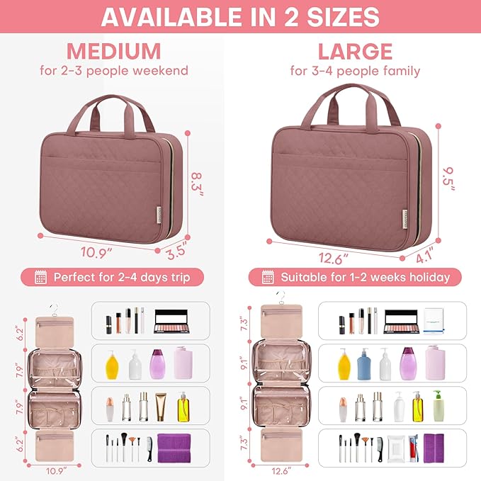Travel Size Toiletry Bag for Women, Portable Cosmetic Bag with Hanging Hook, Travel Essentials Water-resistant Makeup Organizer for Accessories, Shampoo, Full-size Container, Toiletries