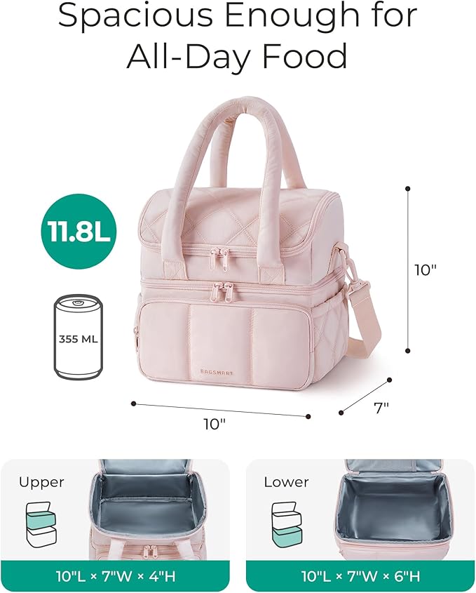 BAGSMART Lunch Bag Women, Double Deck Insulated Lunch Box, Quilted Puffer Lunch Tote, Leakproof, Durable & Reusable Large Lunch Cooler For Work Picnic Travel Meal Prep, Dark Pink