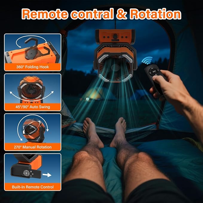 Camping Fan with Remote & Timer - 20000mAh Dual-Blade Rechargeable Fan, Auto Oscillation, 270° Pivot Hook for Hurricane Emergency, Power Outage, Garage, Patio, RV Travel, Outdoor