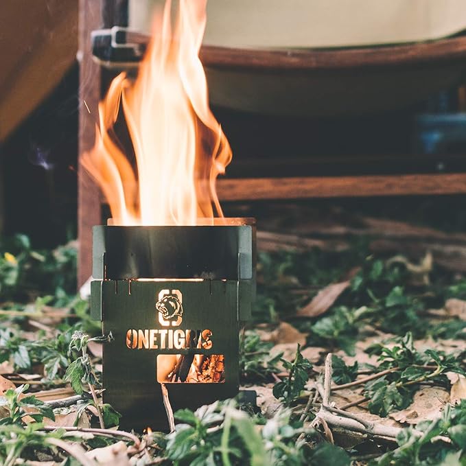 OneTigris ROCUBOID Camping Stove Foldable, Lightweight Portable Wood Burning Stove Stainless Steel with Pocket for Camping Hiking Backpacking Survival Outdoor Cooking Pinic BBQ