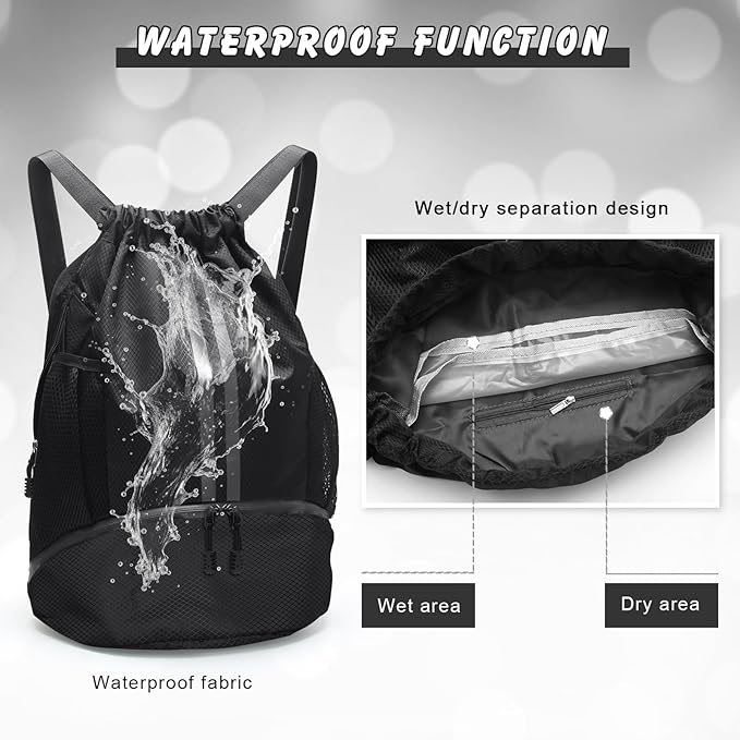 Sports Drawstring Backpack - Waterproof Swim Bag Gym Bag with Shoes Compartment and Dry/Wet Separation Pocket for Women Men Basketball, Sports, Gym, Travel