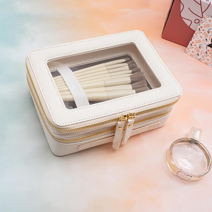 Aveniee Large Clear Makeup Bags, Double Layer Cosmetic Bags with Separate Brush Compartment, Travel Toiletry Bag Cosmetic Train Case, Travel Accessories Organizer for Women(2 Layers, White)